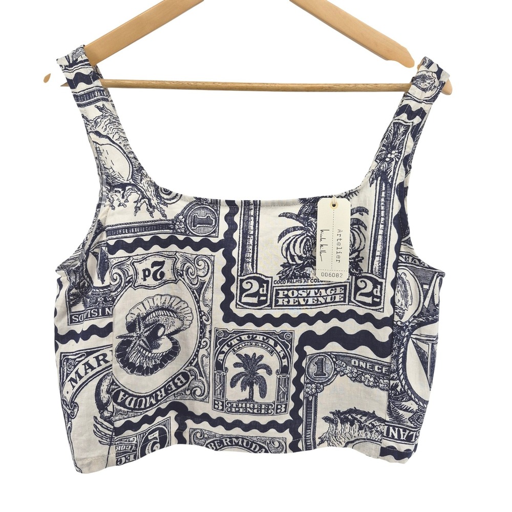 Nicole Miller Artelier Linen Blend Tropical Print Smocked Crop Top‎ Sz M Coastal